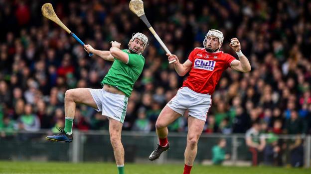 Patrick Horgan, Cork, and Tom Condon, Limerick, in Allianz Hurling League action at the Gaelic Grounds.