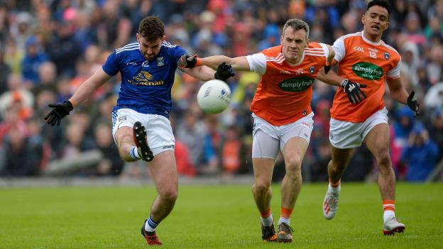 Niall Murray, Cavan, and Mark Shields, Armagh, during the Ulster Senior Football Championship Semi-Final clash at St Tiernach's Park.