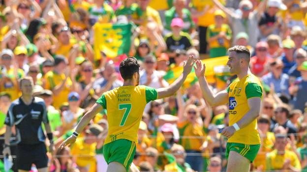 Ryan McHugh celebrates with Paddy McBrearty following Donegal's second goal in Clones.