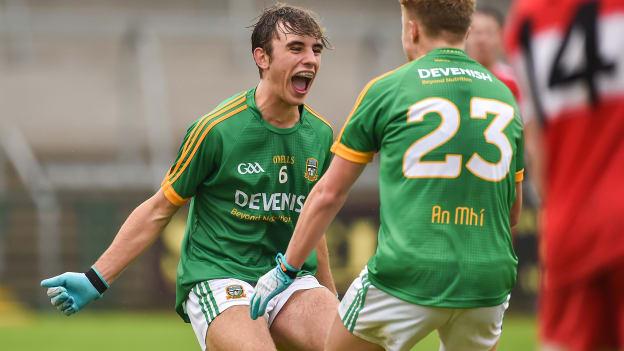 Sean Coffey and Luke Newe of Meath celebrate after victory over Derry in the Electric Ireland All-Ireland Minor Football Quarter-Final. 