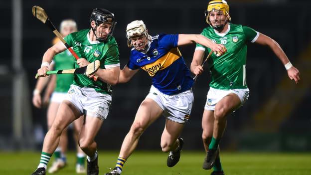 Limerick players, left, Peter Casey and Cathal O'Neill in action against Bryan O'Mara of Tipperary during the Allianz Hurling League Division 1 Semi-Final match between Limerick and Tipperary at TUS Gaelic Grounds in Limerick. Photo by John Sheridan/Sportsfile