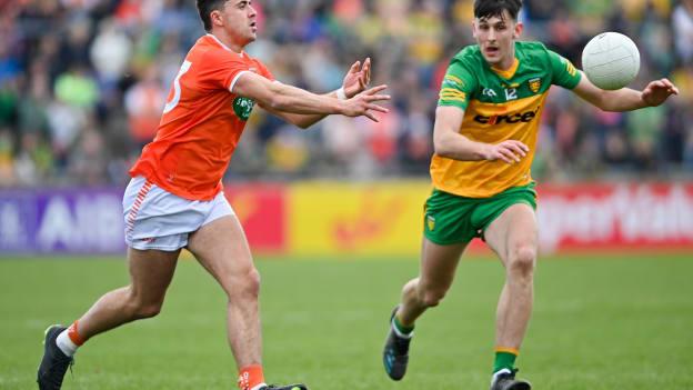 Stefan Campbell, Armagh, and Michael Langan, Donegal, in Ulster SFC action.