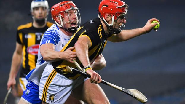 Cillian Buckley of Kilkenny is pulled back by Jack Prendergast of Waterford during the 2020 GAA Hurling All-Ireland Senior Championship Semi-Final match between Kilkenny and Waterford at Croke Park in Dublin. 