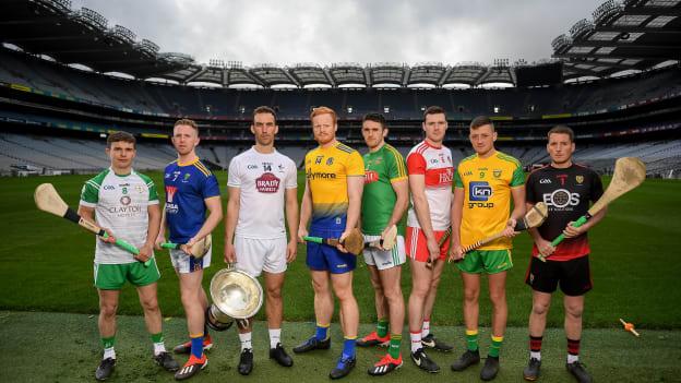 Christy Ring Cup hurlers, from left, Fergal Collins of London, Warren Kavanagh of Wicklow, Martin Fitzgerald of Kildare, Naos Connaughton of Roscommon, Sean Geraghty of Meath, Brian Óg McGilligan of Derry, Danny Cullen of Donegal and Stephen Keith of Down at the official launch of Joe McDonagh, Christy Ring, Nicky Rackard and Lory Meagher Competitions at Croke Park in Dublin. 