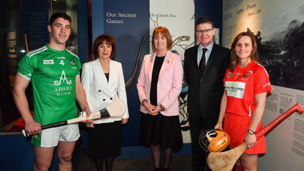 Limerick hurler Sean Finn, Josepha Madigan, TD, Minister for Culture, Heritage and the Gaeltacht, President of the Camogie Association Kathleen Woods, Ard Stiúrthóir of the GAA Tom Ryan, and Cork camogie player Aoife Murray at the announcement of UNESCO Intangible Cultural Heritage Status for the game of Hurling and Camogie