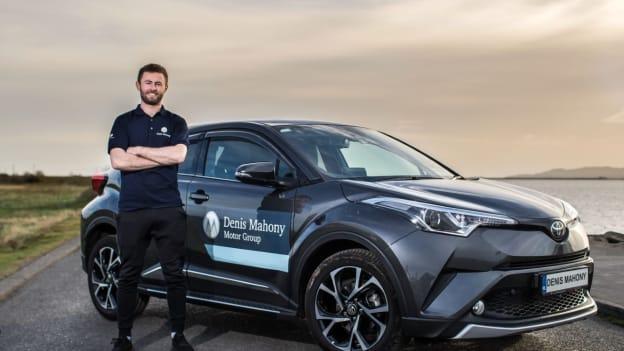 Denis Mahony Toyota Brand Ambassador and Dublin Footballer Jack McCaffrey pictured with his Toyota C-HR. Discover the range of new Toyota Hybrids and 201 offers at Denis Mahony Kilbarrack & M50.