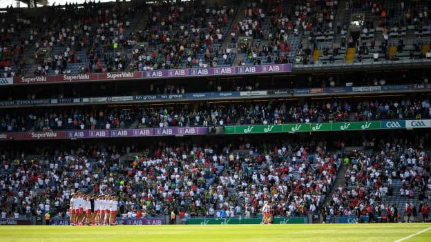 Tyrone players stand for the national anthem before the 2021 GAA Football All-Ireland Senior Championship semi-final match between Kerry and Tyrone at Croke Park in Dublin. 