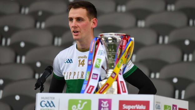Tipperary captain, Conor Sweeney, with the Cup after the Premier County defeated Cork in the 2020 Munster SFC Final. 