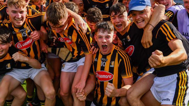Pierce Blanchfield of Kilkenny, 10, and his team-mates celebrate after the Electric Ireland GAA Hurling All-Ireland Minor Championship Semi-Final match between Kilkenny and Limerick at Croke Park in Dublin. 