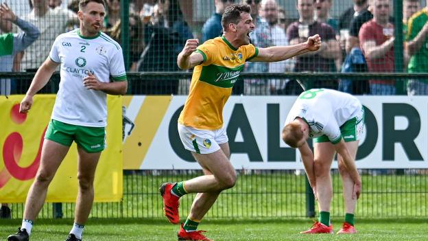 Donal Wrynn of Leitrim celebrates after scoring his side's second goal during the Connacht GAA Football Senior Championship Quarter-Final match between London and Leitrim at McGovern Park in Ruislip, London, England. 
