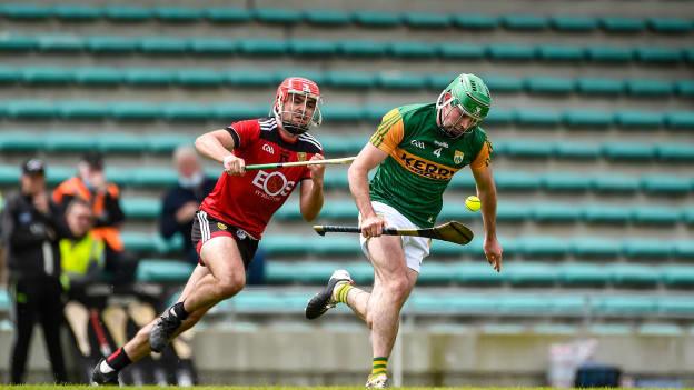 Eric Leen clears his lines against Down in Kerry's first game of the 2021 Joe McDonagh Cup. 