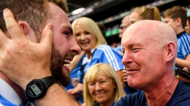 Jack McCaffrey celebrates with his father Noel after victory over Tyrone in the 2018 All-Ireland SFC Final. 