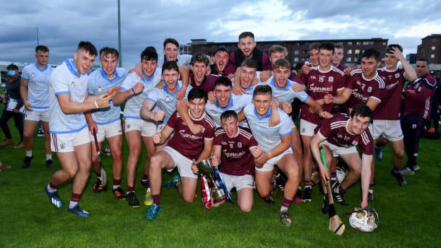 Galway players celebrate with the cup after the Leinster GAA U20 Hurling Championship Final match between Dublin and Galway at MW Hire O'Moore Park in Portlaoise, Laois.
