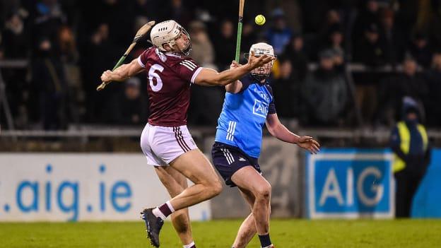 Gearóid McInerney, Galway, and Joe Flanagan, Dublin, in Walsh Cup action at Parnell Park.