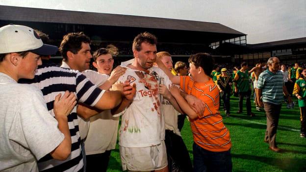 An exhausted Glen Ryan of Kildare following the 1997 Leinster GAA Senior Football Championship Semi-Final Replay match between Kildare and Meath at Croke Park in Dublin. 