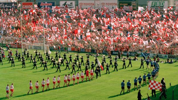 The Tyrone and Dublin players parade past the Canal End before the 1995 All-Ireland SFC Final. 