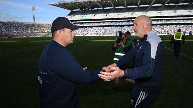 Dublin manager Dessie Farrell and Kildare manager Glenn Ryan, right, after the Leinster GAA Football Senior Championship Final match between Dublin and Kildare at Croke Park in Dublin.