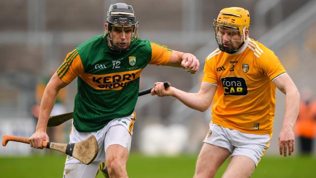 Michael Leane of Kerry in action against Phelim Duffin of Antrim during the 2020 Allianz Hurling League Division 2A Final match between Antrim and Kerry at Bord na Mona O'Connor Park in Tullamore, Offaly.