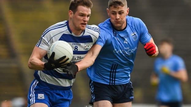 Matthew Ruane of Breaffy in action against Brian McDermott of Westport during the Mayo County Senior Football Championship Semi-Final match between Breaffy and Westport at Elvery's MacHale Park in Castlebar, Mayo. 
