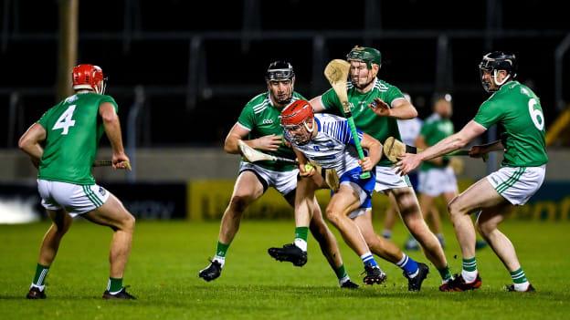 Jack Prendergast of Waterford in action against Limerick players, from left, Barry Nash, Diarmaid Byrnes, William O’Donoghue and Declan Hannon during the 2020 Munster GAA Hurling Senior Championship Final match between Limerick and Waterford at Semple Stadium in Thurles, Tipperary. 