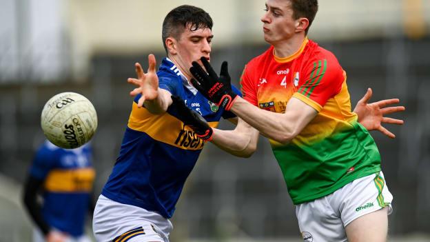 Dara Curran, Carlow, in Allianz Football League Division Four action against Tipperary's Mark Russell.