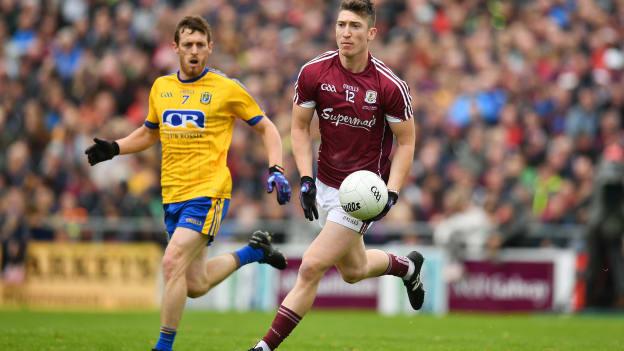 Johnny Heaney, Galway, and Conor Devaney, Roscommon, during the 2017 Connacht SFC Final at Pearse Stadium.