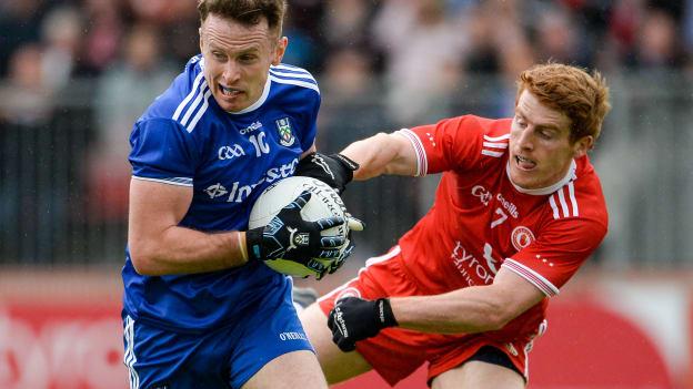 Fintan Kelly, Monaghan, and Peter Harte, Tyrone, during the Ulster Championship clash in May.