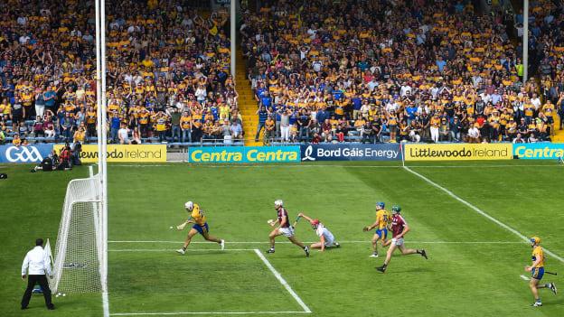 Clare's Aron Shanagher hits the post late in the game against Galway in the All-Ireland SHC semi-final replay at Croke Park. 