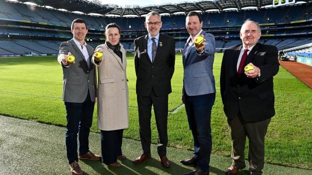 Today the GAA launched the new GAA Smart Sliotar, which will be used in this years Under 20 hurling championship. The aim of the smart sliotar is to ensure consistency in performance, compliance with specifications, and to ensure it meets ethical standards of manufacture. In attendance at the launch are, from left, former Galway hurler Eoin McDonagh, Camogie Association Technical Development and Participation Manager Louise Conlon, Uachtarán Chumann Lúthchleas Gael Larry McCarthy, former Tipperary hurler Brendan Cummins and Chairman of the Smart Sliotar Work Group Ned Quinn at Croke Park in Dublin. 