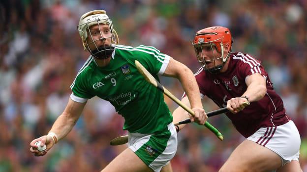 Cian Lynch, Limerick, and Conor Whelan, Galway, during the 2018 All Ireland SHC Final at Croke Park.