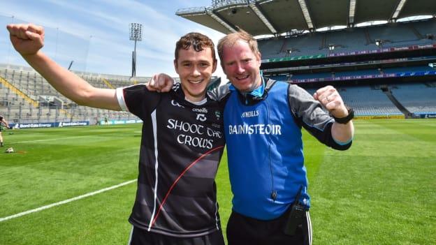 Gerald O'Kelly-Lynch and Darragh Cox celebrate after Sligo's 2018 Lory Meagher Cup success at Croke Park.