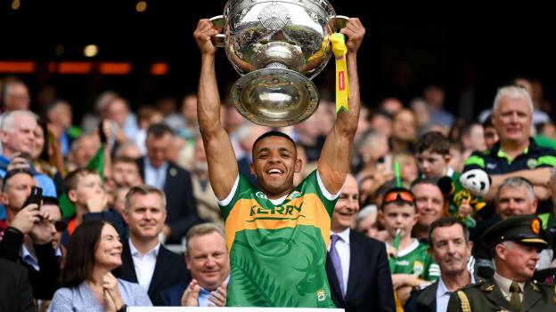 Stefan Okunbor raises the Sam Maguire Cup after Kerry's All-Ireland SFC win in July.
