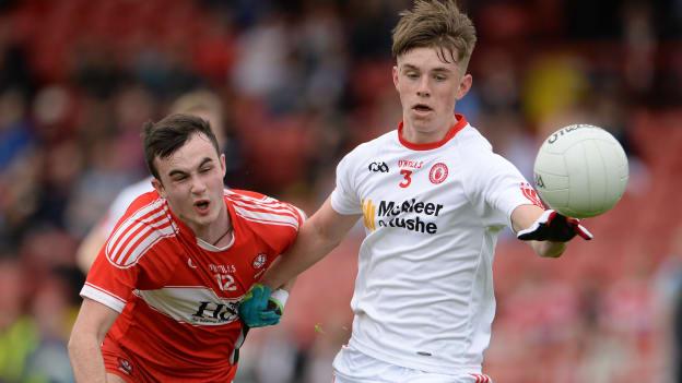 Tyrone's Antoin Fox (right) pictured in action against Derry's Jon Paul Devlin during the 2017 Electric Ireland GAA Ulster Football Minor Championship Quarter-Final. 