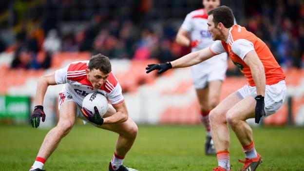Mark Collins, Cork, and Brendan Donaghy, Armagh, in Allianz Football League action at the Athletic Grounds.