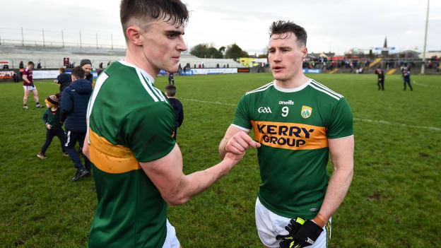 Sean O'Shea and Mark Griffin following Kerry's Allianz Football League win over Galway at Tuam Stadium.