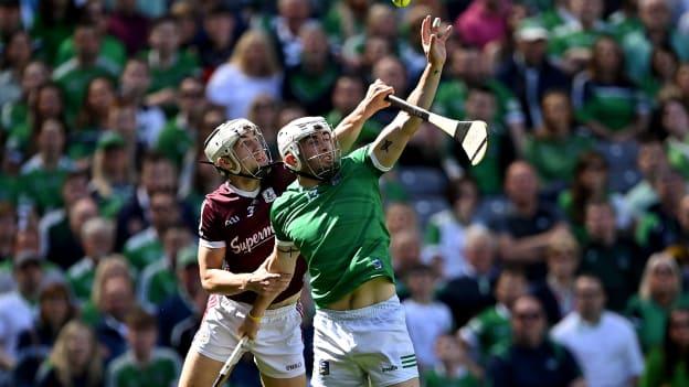 Aaron Gillane, Limerick, and Daithí Burke, Galway, in action at Croke Park.