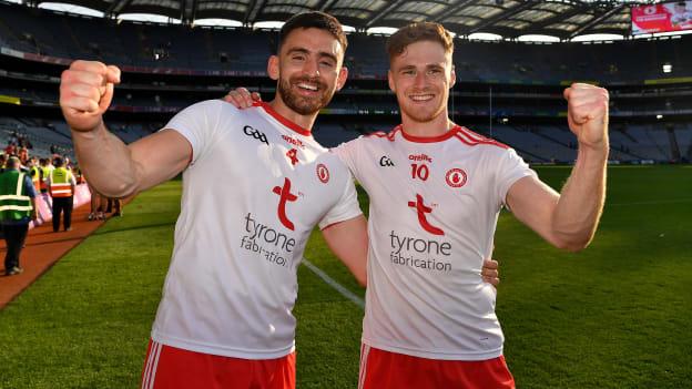 Padraig Hampsey, left, and Conor Meyler of Tyrone celebrate after the GAA Football All-Ireland Senior Championship semi-final match between Kerry and Tyrone at Croke Park in Dublin.