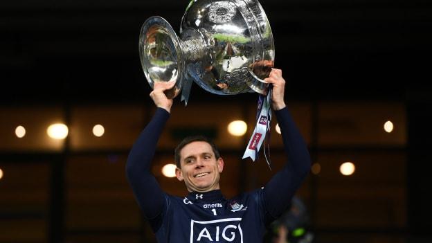Dublin captain Stephen Cluxton lifts the Sam Maguire Cup after victory over Mayo in the 2020 All-Ireland SFC Final. 