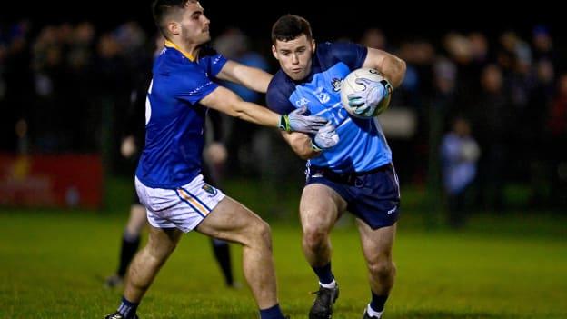 Ross McGarry of Dublin in action against Eoin Darcy of Wicklow during the O'Byrne Cup Group C Round 1 match between Wicklow and Dublin at Baltinglass GAA club in Baltinglass, Wicklow. 