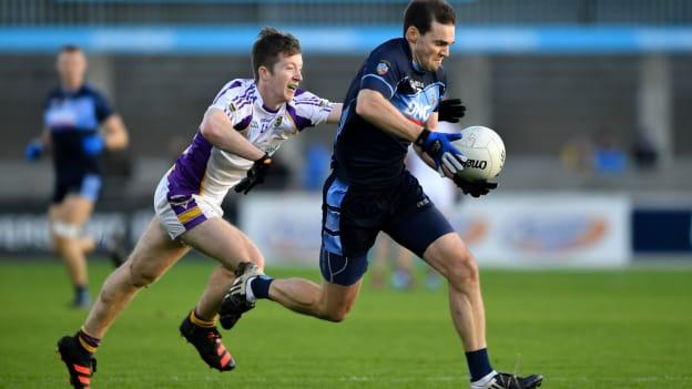 Chris Guckian, St. Jude's, and Hugh Kenny, Kilmacud Crokes, in Dublin SFC Final action at Parnell Park.