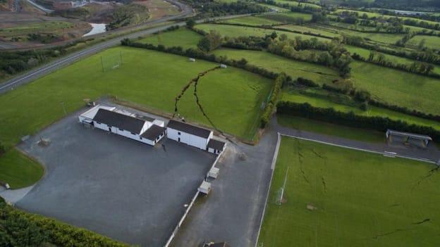 An aerial view of the damage caused when a mine collapsed under Magheracloone Mitchells GAA Club's grounds. 
