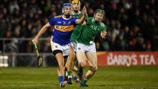 John McGrath of Tipperary in action against William O’Donoghue of Limerick during the Allianz Hurling League Division 1 Group A Round 1 match between Tipperary and Limerick at Semple Stadium in Thurles, Tipperary. 