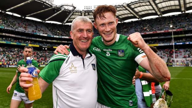 William O'Donoghue celebrates with Limerick manager John Kiely after victory over Cork in the 2021 All-Ireland SHC Final. 