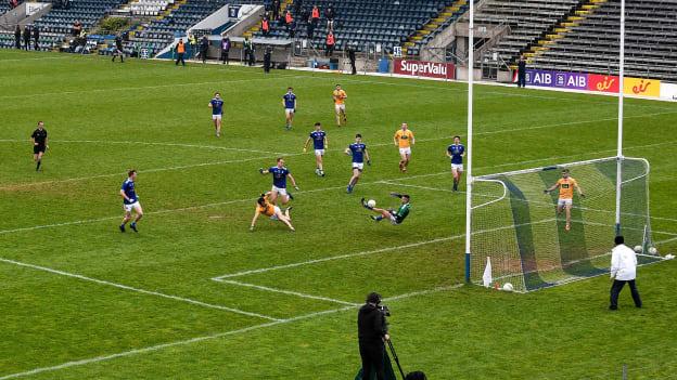 Cavan goalkeeper Raymond Galligan making a save to deny Antrim's Patrick Gallagher in the Ulster SFC quarter-final at Kingspan Breffni.