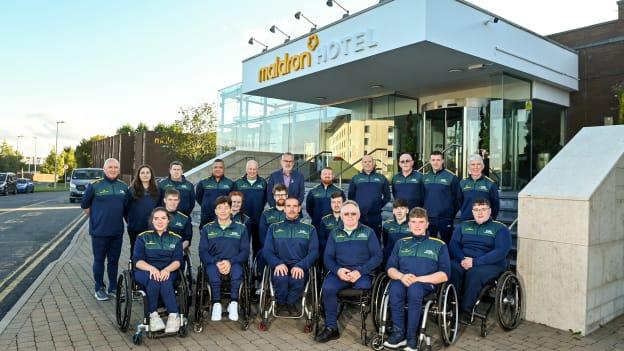 Uachtarán Chumann Lúthchleas Gael Larry McCarthy with the GAA Wheelchair Hurling Team before their departure for Prague, Czechia, at the Maldron Airport Hotel in Dublin. Photo by Ben McShane/Sportsfile