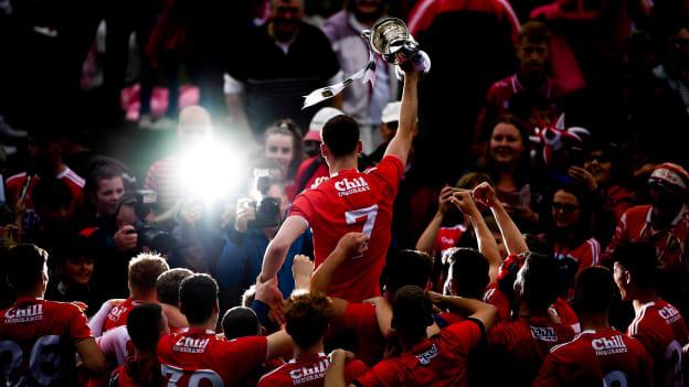 Peter O'Driscoll of Cork and team-mates celebrate with the trophy following the EirGrid GAA Football All-Ireland U20 Championship Final match.