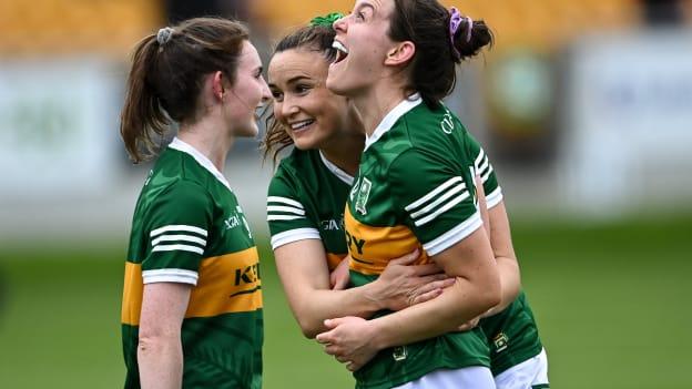 Kerry players Niamh Ní Chonchúir, Anna Galvin, behind, and Cáit Lynch, left, celebrate after their side's victory in the TG4 All-Ireland Ladies Football Senior Championship Quarter-Final match between Armagh and Kerry at O'Connor Park in Tullamore, Offaly. 
