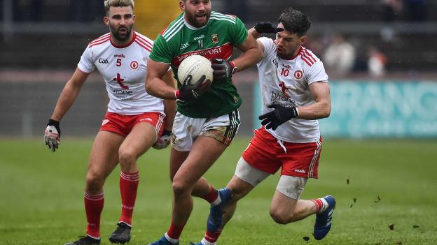 Aidan O'Shea of Mayo in action against Tiernan McCann and Matthew Donnelly of Tyrone during the Allianz Football League Division 1 Round 2 match between Tyrone and Mayo at Healy Park in Omagh, Tyrone. 