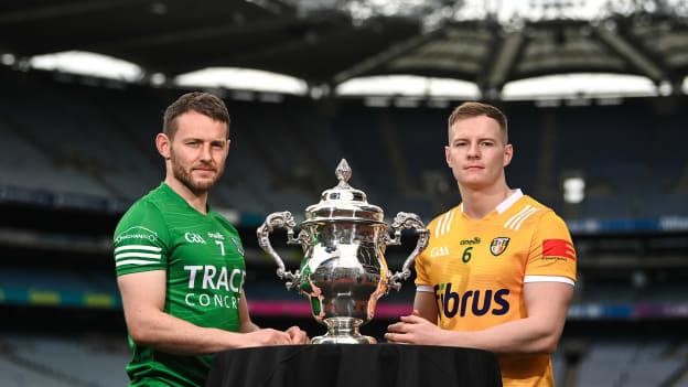 Declan McCusker of Fermanagh, left, and Peter Healy of Antrim during the Tailteann Cup launch at Croke Park in Dublin. Photo by David Fitzgerald/Sportsfile.