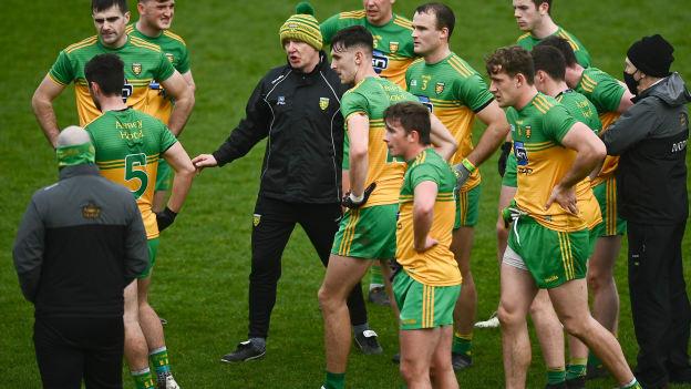 Donegal manager, Declan Bonner, speaks to his players during a water-break in their Ulster SFC semi-final victory over Armagh. 